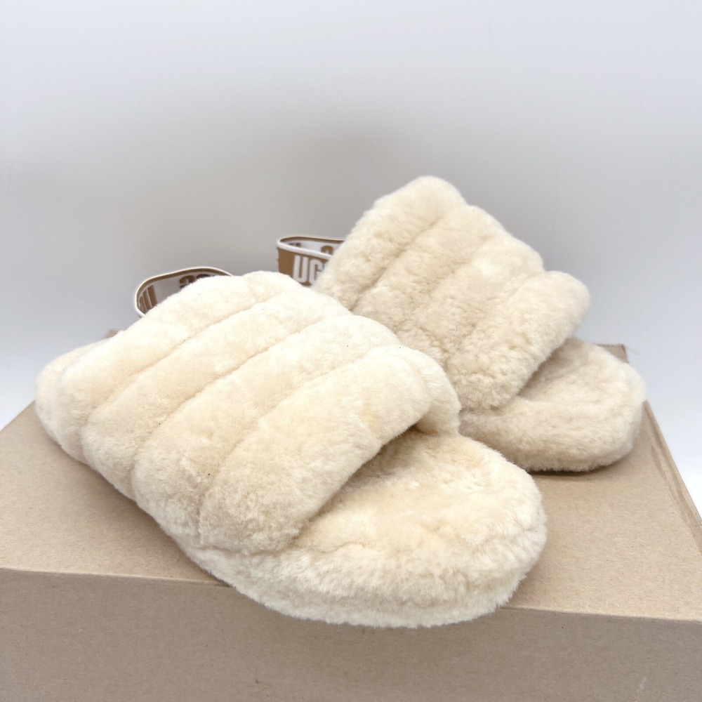 UGG Fluff Yeah Genuine Shearling Platform Slingback Sandal Slide Beige US 6 - Picture 4 of 12
